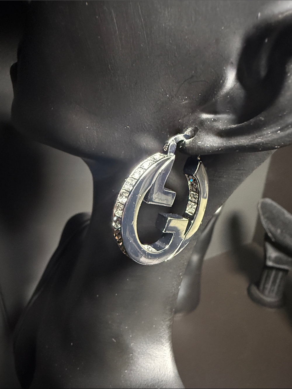 Silver-tone Crystal Logo Hoop Earrings - Women Jewelry